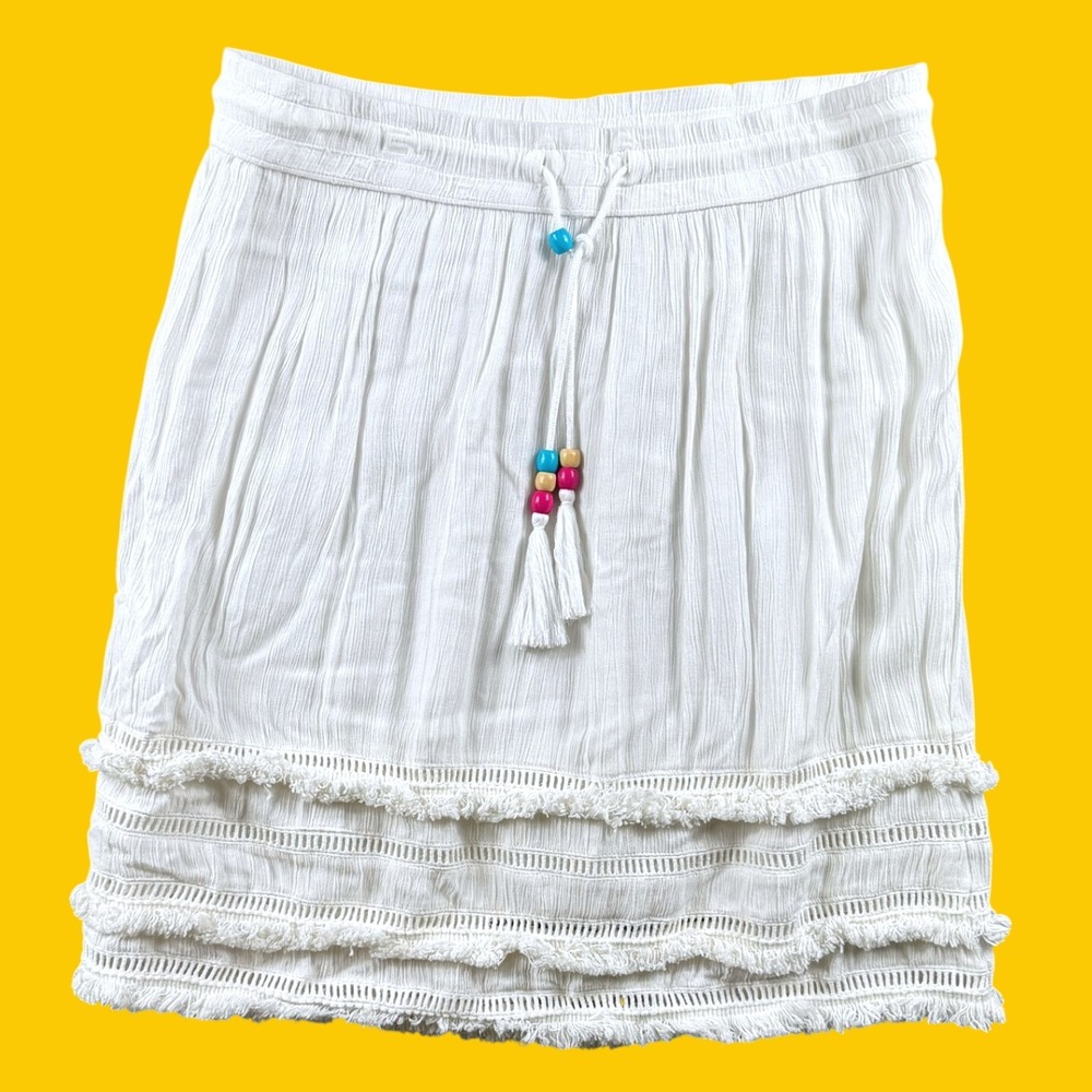 Ariat Mini Skirt Womens M White Tassel Beaded Gauze Boho Western Tiered Fringe